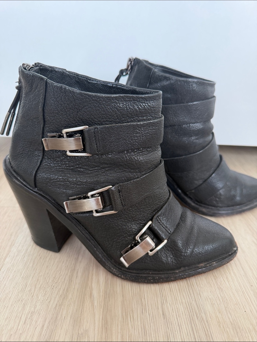 L.A.M.B Black Leather Buckle Ankle Boots - Women's High Heel Booties